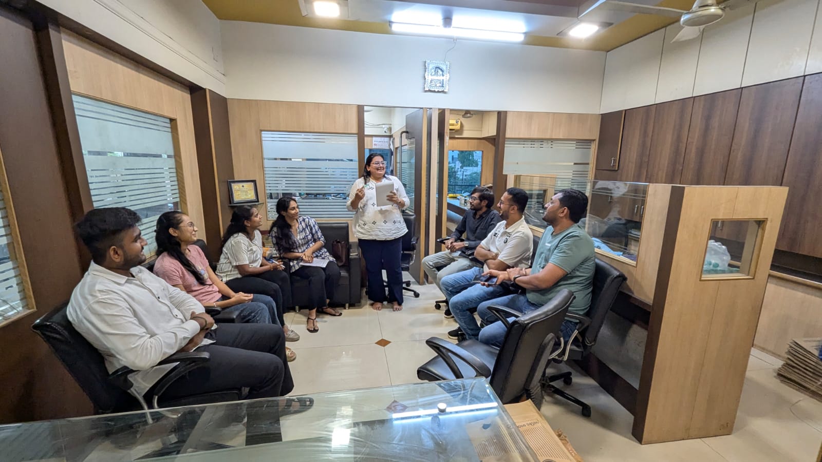 A lighter moment during the team meeting